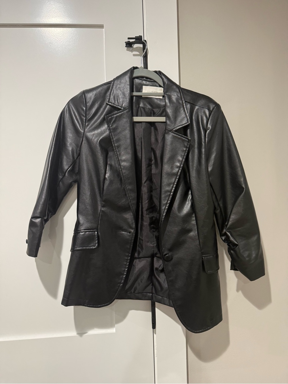 Women's Black Faux Leather Blazer Jacket - Classic Tailored Look